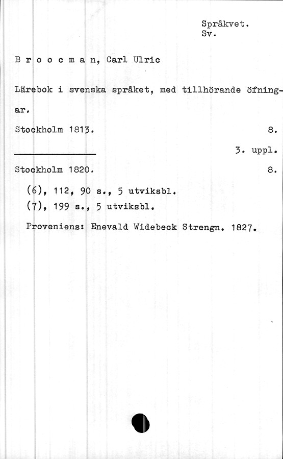  ﻿Språkvet.
Sv.
Broocman, Carl Ulric
Lärebok i svenska språket, med tillhörande öfning'
ar.
Stockholm 1813*	8.
______________ 3. uppl.
Stockholm 1820.	8.
(6)	, 112, 90 s., 5 utviksbl.
(7)	* 199 s., 5 utviksbl.
Proveniens: Enevald Widebeck Strengn. 1827