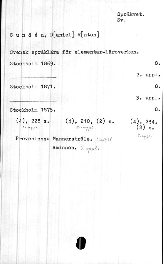  ﻿Språkvet.
Sv.
Sundén, D[aniel] A'[nton]
Svensk språklära för elementar-läroverken.
Stockholm 1869.	8.
________________ 2. uppl.
Stockholm 1871.	8.
________________ 3. uppl.
Stockholm 1875.	8.
(4), 228 s. (4), 210, (2) s. (4), 234,
“fl1'-	<e'“T/a*	(2) s.
Proveniens: Mannerstråle. /,
(I