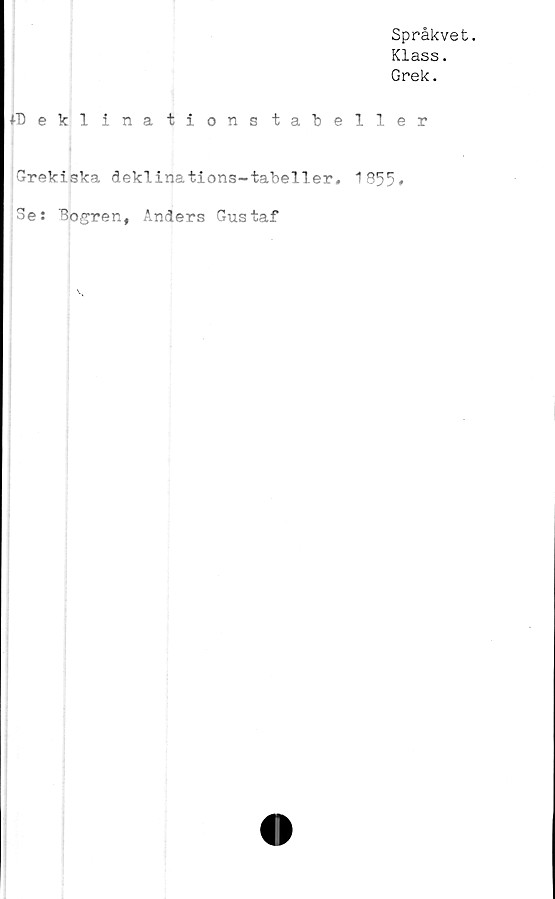  ﻿Språkvet.
Klass.
Grek.
tDeklinationstabeller
Grekiska deklinations-tabeller. 1855»
Se: Bogren, Anders Gustaf