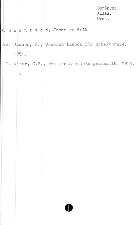  ﻿Språkvet.
Klass.
Grek.
KTohansson, Johan Fredrik
Se: Jacobs, F,, Grekisk läsbok för nybegynnare,
1851.
Winer, G,BJf Nya testamentets grammatik, 1855*