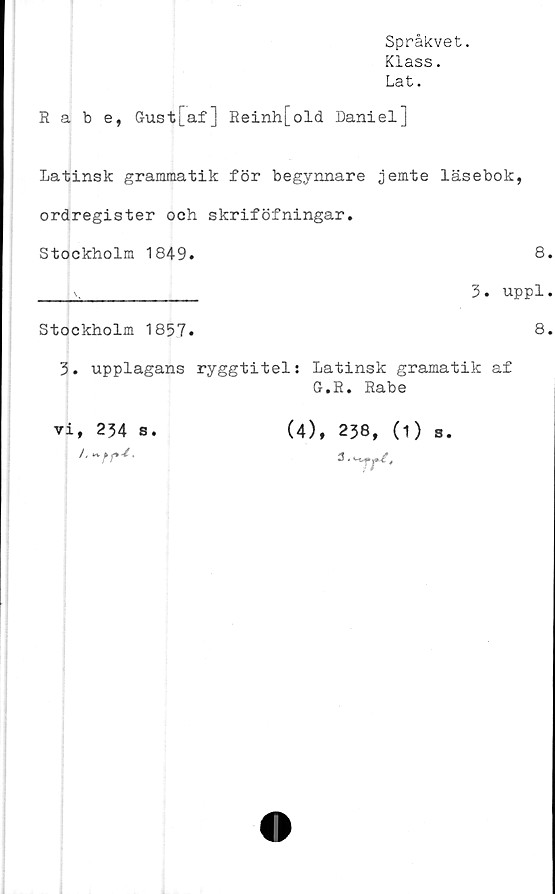  ﻿Språkvet.
Klass.
Lat.
Rabe, Gust[af] Reinh[old Daniel]
latinsk grammatik för begynnare jemte läsebok,
ordregister och skriföfningar.
Stockholm 1849.	8.
v___________ 3. uppl.
8.
Stockholm 1857.
3. upplagans ryggtitel: latinsk gramatik af
G.R. Rabe
vi, 234 s.
(4), 238, (1) 3.
3.	t
