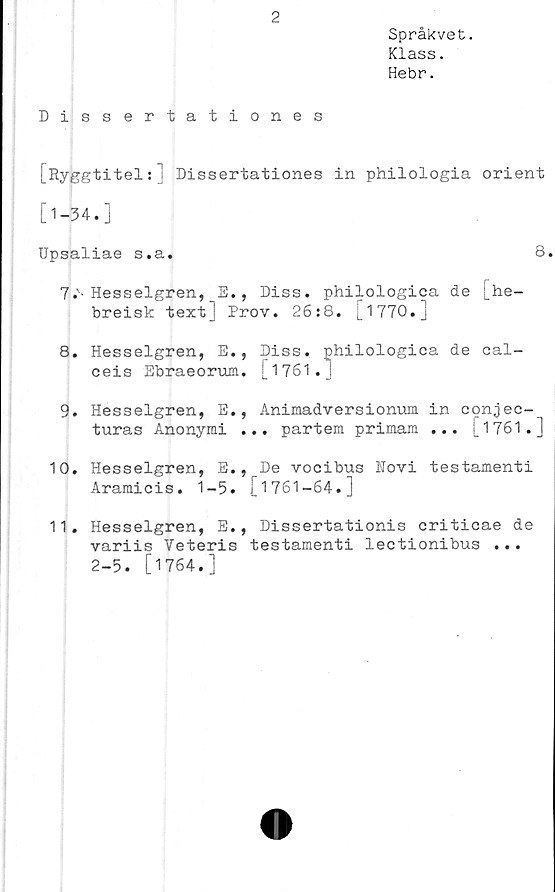  ﻿2
Språkvet.
Klass.
Hebr.
Dissertationes
[Ryggtitel:j Dissertationes in philologia orient
[1-34.]
Upsaliae s.a.	8
7.	'' Hesselgren, E., Diss. philologica de [he-
breisk textj Prov. 26:8. [1770.]
8.	Hesselgren, E., piss. philologica de cal-
ceis Ebraeorum. [1761.!
9.	Hesselgren, E., Animadversionum in conjec-
turas Anonymi ... partem primam ... [1761.]
10.	Hesselgren, E., De vocibus Novi testamenti
Aramicis. 1-5. [1761-64.]
11.	Hesselgren, E., Dissertationis criticae de
variis Veteris testamenti lectionibus ...
2-5. [1764.]
