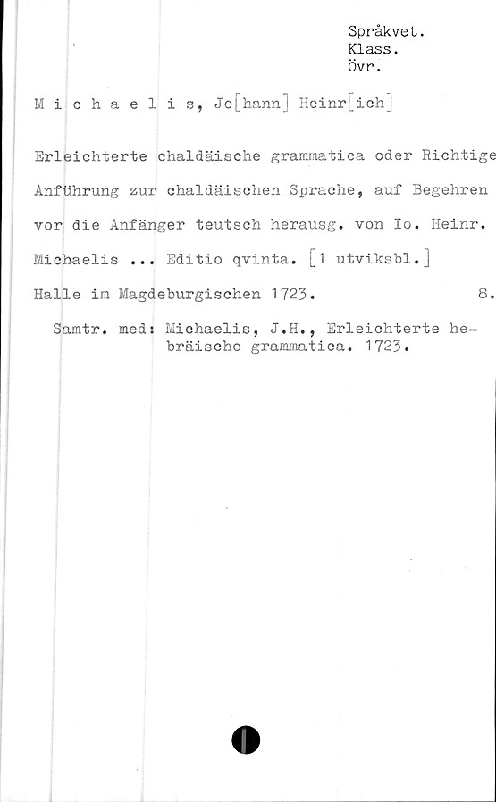  ﻿Språkvet.
Klass.
Övr.
Michaelis, Jo[hann] Heinr[ich]
Erleichterte chaldäische grammatica oder Rich.tige
Anfuhrung zur chaldäischen Sprache, auf Begehren
vor die Anfänger teutsch herausg. von Io. Heinr.
Michaelis ... Editio qvinta. [i utviksbl.]
Halle ira Magdeburgischen 1723.	8.
Samtr. meds Michaelis, J.H., Erleichterte he-
bräische grammatica. 1723.