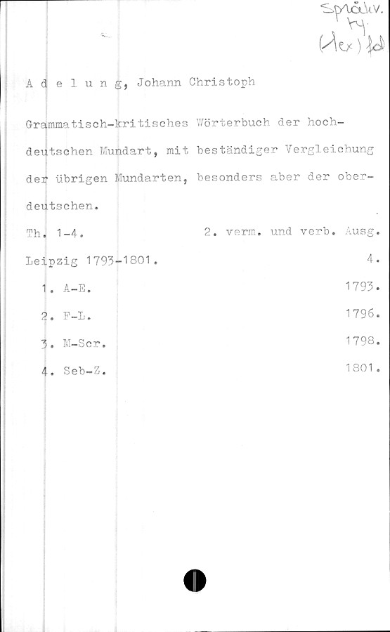  ﻿

A <3 elunj, Johann Christoph
Grammatisch-kri tische s Wörterbuch der hoch-
deutschen Mundart, mit beständiger Vergleichung
der ubrigen Mundarten, besonders aber der ober-
deutschen.
Th. 1-4.	2. verm. und verb. Ausg.
Leipzig 1793-1801.	4.
A-E
1793
2. P-L
1796
3. M-Ser
1798
4. Seb-Z
1801