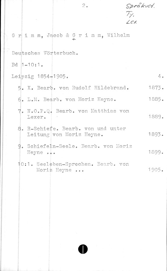  ﻿2
Å-ue-/,
7?-
Grimm, Jacob & Grimm, Wilhelm
Dexitsches T/örterbuch.
Bd 1-10:1.
Leipzig 1854-1905.	4.
5.	K. Bearb. von Rudolf Hildebrand.	1873.
6.	L.M. Bearb. von Moriz Heyne.	1885.
7.	N.O.P.Q» Bearb. von Matthias von
Lexer.	1889.
8.	R-Schiefe. Bearb. von und unter
Leitung von Moriz Heyne.	1893.
9.	Schiefeln-Seele. Bearb. von Moriz
Heyne ...	1899.
10:1. Seeleben-Sprechen. Bearb. von
Moriz Heyne ...	1905.