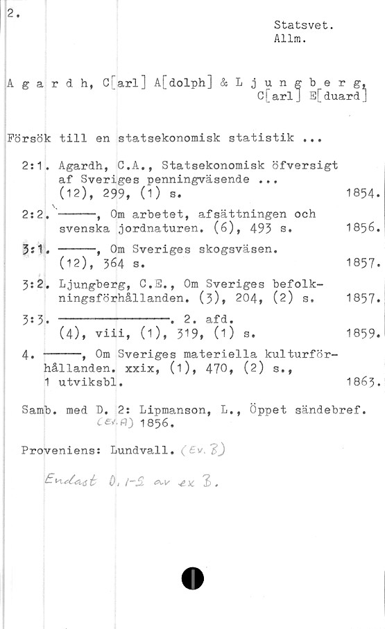 ﻿2.
Statsvet.
Allm.
Agardh, C[arl] A[dolph] &Ljungberg
C[arlJ E[duard
Försök till en statsekonomisk statistik ...
2:1. Agardh, C.A., Statsekonomisk öfversigt
af Sveriges penningväsende ...
(12), 299, (1) s.	1854.
2:2. ------, Om arbetet, af sättningen och
svenska jordnaturen.	(6), 495 s.	1856.
3:1. ------f Om Sveriges skogsväsen.
(12), 364 s.	1857.
3:2. Ljungberg, C.E., Om Sveriges befolk-
ningsförhållanden. (3), 204, (2) s. 1857.
3:3. ----------------. 2. afd.
(4), vi ii, (1), 319,	(O s.	1859.
4. ------, Om Sveriges materiella kulturför-
hållanden. xxix, (i), 470, (2) s.,
1 utviksbl.	I863.
Samb. med B, 2: Lipmanson, L., Öppet sändebref.
CeÅR) 1856.
Proveniens: Lundvall.	(£v
, (-2.
** l.
