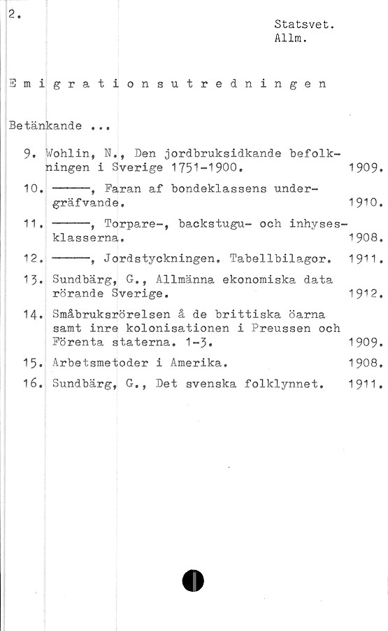  ﻿2
Statsvet.
Allm.
Fmigrationsutredningen
Betänkande ...
9. Wohlin, N., Den jordbruksidkande befolk-
ningen i Sverige 1751-1900,	1909.
10.	----, Faran af bondeklassens under-
gräfvande.	1910.
11.	----, Torpare-, backstugu- och inhyses-
klasserna.	1908.
12.	----, Jordstyckningen. Tabellbilagor. 1911.
13.	Sundbärg, G., Allmänna ekonomiska data
rörande Sverige.	1912.
14.	Småbruksrörelsen å de brittiska öarna
samt inre kolonisationen i Preussen och
Förenta staterna.	1-3.	1909.
15.	Arbetsmetoder i Amerika.	1908.
16.	Sundbärg, G., Det	svenska folklynnet. 1911.