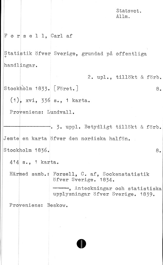  ﻿Statsvet.
Allm.
Forsell, Carl af
Statistik öfver Sverige, grundad på offentliga
handlingar.
2. upl., tillökt & förb.
Stockholm 1833. [Föret.]	8.
(i), xvi, 336 s., 1 karta.
Proveniens: Lundvall.
---------------. 3* uppl. Betydligt tillökt & förb.
Jemte en karta öfver den nordiska halfön.
Stockholm 1836.	8.
414 s., 1 karta.
Härined samb.: Forsell, C. af, Sockenstatistik
öfver Sverige. 1834.
-----, Anteckningar och statistiska
upplysningar öfver Sverige. 1839.
Proveniens: Beskow