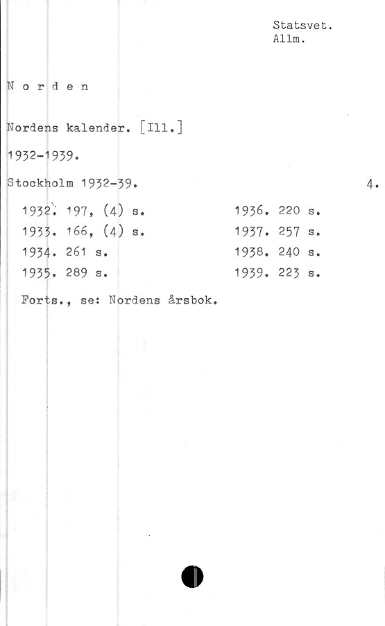  ﻿Statsvet.
Allm.
Norden
Nordens kalender, [ill.]
1932-1939.
Stockholm 1932-39.	4.
1932'.	197,	(4) s.	1936.	220 s.
1933.	166,	(4) s.	1937.	257 s.
1934.	261	s.	1938.	240 s.
1935.	289	s.	1939.	223 s.
Forts	. , se	: Nordens årsbok.		