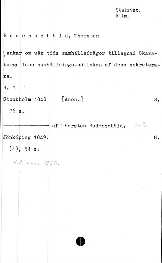  ﻿Statsvet.
Allm.
Rudenschöld, Thorsten
Tankar om wår tids samhällsfrågor tillegnad Skara-
borgs läns hushållnings-sällskap af dess sekretera-
re.
H. 1	'*
Stockholm 1848 [ånon.]	8.
76 s.
-------------- af Thorsten Rudenschöld,
Jönköping 1849»	8.
(4), 54 s.
H.Z.	/?£o,
