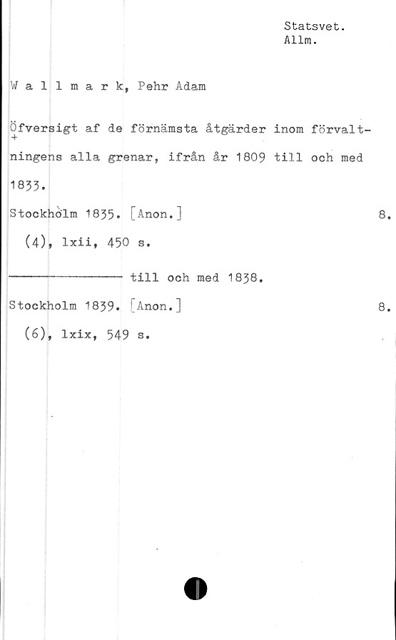  ﻿Statsvet.
Allm.
Wallmark, Pehr Adam
Öfversigt af de förnämsta åtgärder inom förvalt-
ningens alla grenar, ifrån år 1809 till och med
1833.
Stockholm 1835. [Anon.]
(4), lxii, 450 s.
---------------- till och med 1838.
Stockholm 1839. [Anon.]
(6),
lxix,
549
s.
8.
8.