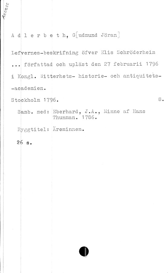  ﻿
C,
*o
Adlerbeth, G[udmund Jöran
1
Lefvernes-beskrifning öfver Elis Schröderheim
... författad och upläst den 27 februarii 1796
i Kongl. Witterhets- historie- och antiquitets-
-academien.
Stockholm 1796.	8.
Samb. med: Eberhard, J.A., Minne af Hans
Thunman. 1786.
Ryggtitel: Äreminnen.
26 s.