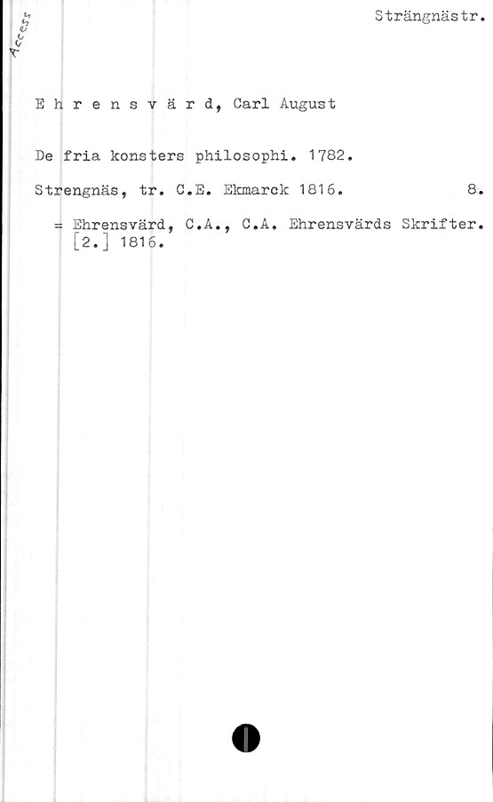  ﻿Strängnästr
Ehrensvärd, Carl August
De fria konsters philosophi. 1782.
Strengnäs, tr. C.E. Ekmarck 1816.	8.
= Ehrensvärd, C.A., C.A. Ehrensvärds Skrifter.
[2.] 1816.