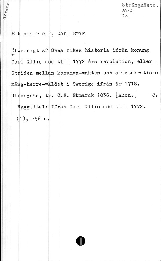  ﻿t»
Q)
Strängnästr.
Mst.
S \f,
u
Ekmarck, Carl Erik
öfwersigt af Swea rikes historia ifrån konung
-fr-
Carl XII:s död till 1772 års revolution, eller
Striden mellan konunga-makten och aristokratiska
mång-herre-wäldet i Swerige ifrån år 1718.
Strengnäs, tr. C.E. Ekmarck 1836. [Anon.] 8.
Ryggtitel: Ifrån Carl XIIss död till 1772.
(1), 256 s.