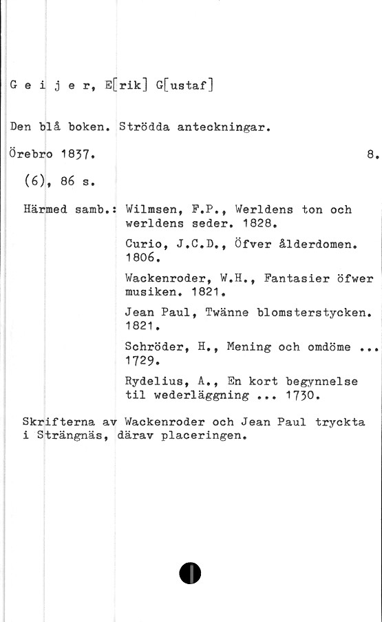  ﻿Geijer, E[rik] G[ustaf]
Den blå boken. Strödda anteckningar.
Örebro 1837.	8.
(6), 86 s.
Härmed samb.: Wilmsen, F.P., Werldens ton och
werldens seder. 1828.
Curio, J.C.D., Öfver ålderdomen.
1806.
Wackenroder, W.H., Fantasier öfwer
musiken. 1821.
Jean Paul, Twänne blomsterstycken.
1821.
Schröder, H., Mening och omdöme ...
1729.
Rydelius, A,, En kort begynnelse
til vederläggning ... 1730.
Skrifterna av Wackenroder och Jean Paul tryckta
i Strängnäs, därav placeringen.