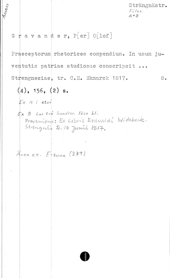  ﻿
Strängnästr.
F;/es.
A+B
Gravande r, p[er ] O[lof]
Praeceptorum rhetorices compendium. In usum ju-
ventutis patriae studiosae conscripsit ...
Strengnesiae, tr. C.E. Ekmarck 1817.	8.
(4), 156, (2) s.
£~x fl i etui
Sk 8	tva AcihdsKt. /öfö i>/*
PrrnrtsrU&ivo ; £x Lth^S EntAJfiAdi	•
lO JivvvU	-K
Av en e X •	Of?)