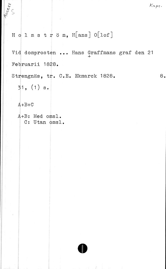  ﻿Holmström, H[ans ] o[lof]
Vid domprosten ... Hans Graffmans graf den 21
Februarii 1828.
Strengnäs, tr. C.E. Ekmarck 1828.
31, (1) s.
A+B+C
A+B: Med omsl.
C: Utan omsl.