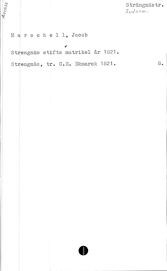  ﻿Strängnästr
Su d<£hm ■
Marschell, Jacob
<
Strengnäs stifts matrikel år 1821.
Strengnäs, tr. G.E. Ekmarek 1821.
8