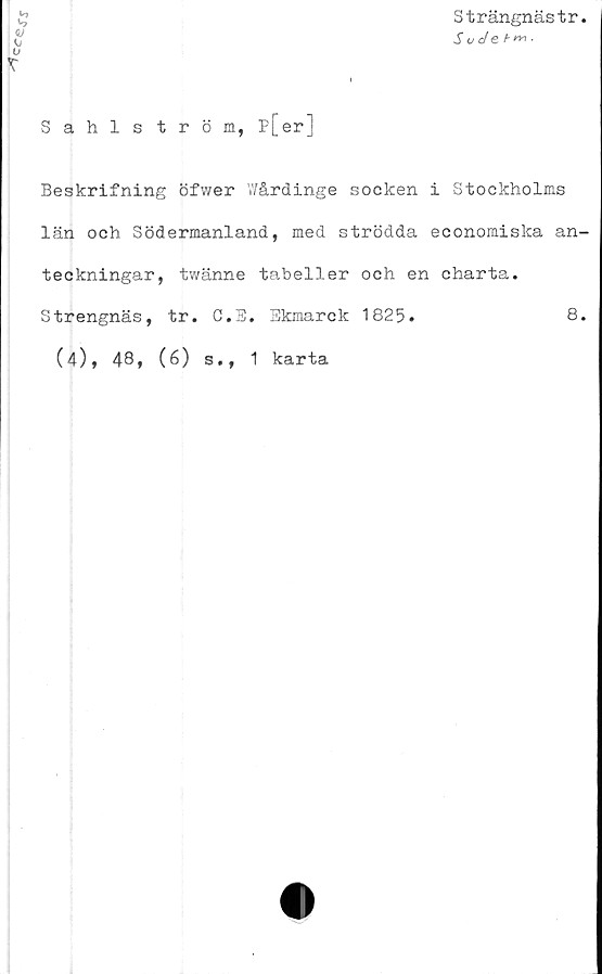  ﻿Cc<Sj-J
Strängnästr
S uJef-™-
Sahlström, p[er]
Beskrifning öfwer Wårdinge socken i Stockholms
län och Södermanland, med strödda economiska an-
teckningar, twänne tabeller och en charta.
Strengnäs, tr. C. B. Ekmarck 1825.	8.
(4), 48, (6) s., 1 karta