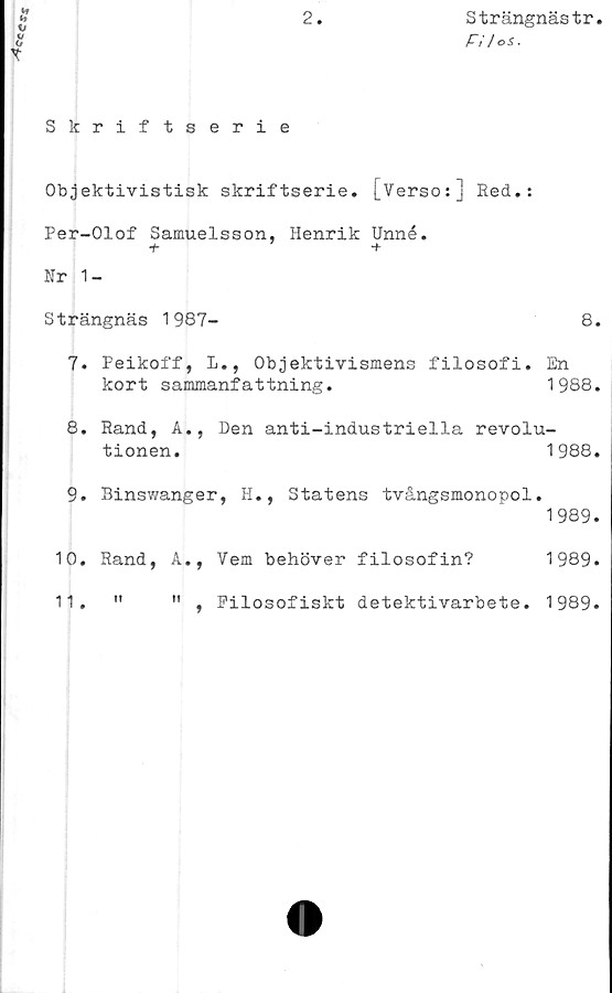  ﻿
2
Strängnästr
Fi /os.
Skriftserie
Objektivistisk skriftserie. [Verso:] Red.:
Per-Olof Samuelsson, Henrik Unné.
+ +
Nr 1-
Strängnäs 1987-
8.
7.	Peikoff, L., Objektivismens	filosofi. En
kort sammanfattning.	1988.
8.	Rand, A., Den anti-industriella revolu-
tionen.	1988.
9.	Binswanger, H., Statens tvångsmonopol.
1989.
10.	Rand, A., Vem behöver	filosofin?	1989.
11.	"	", Filosofiskt detektivarbete. 1989.
