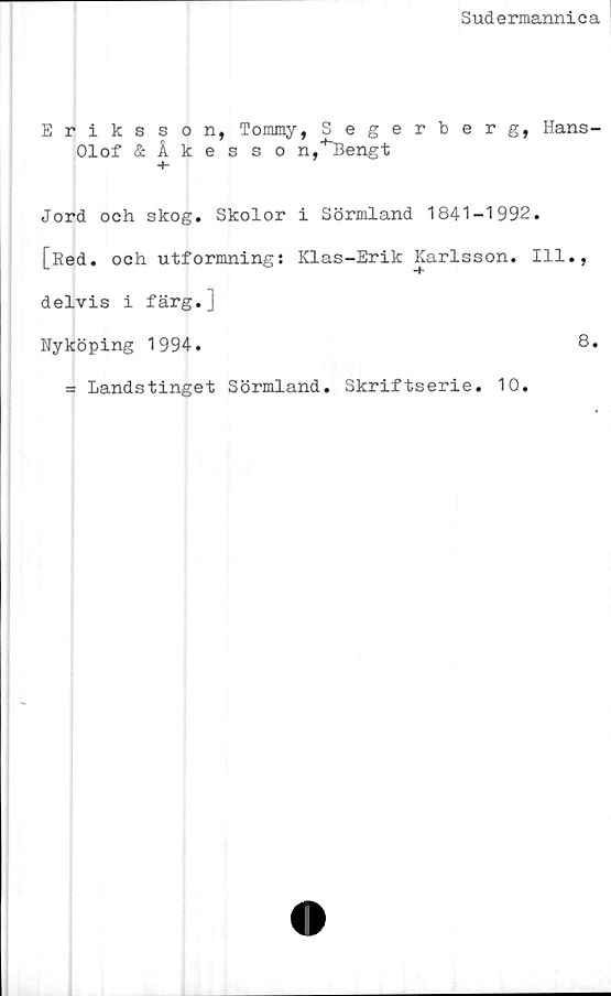  ﻿Sudermannica
Eriksson, Tommy, Segerberg, Hans-
Olof & Åkesson^Bengt
Jord och skog. Skolor i Sörmland 1841-1992.
[Red. och utformning: Klas-Erik Karlsson. 111.,
delvis i färg.j
Nyköping 1994.	8.
= Landstinget Sörmland. Skriftserie. 10.