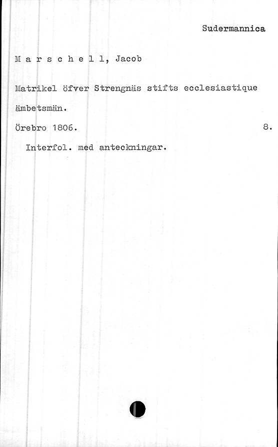  ﻿Sudermannica
Marschell, Jacob
Matrikel öfver Strengnäs stifts ecclesiastique
ämbetsmän.
Örebro 1806.	8.
Interfol. med anteckningar.
