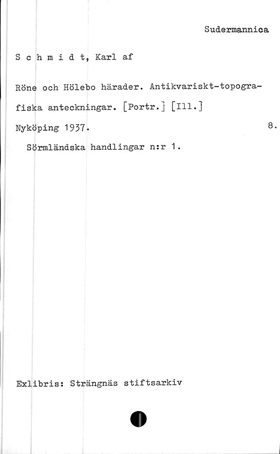  ﻿Sudermannica
Schmidt, Karl af
Röne och Hölebo härader. Antikvariskt-topogra-
fiska anteckningar. [Portr.] [ill.]
Nyköping 1937*	8*
Sörmländska handlingar n:r 1.
Exlibris: Strängnäs stiftsarkiv