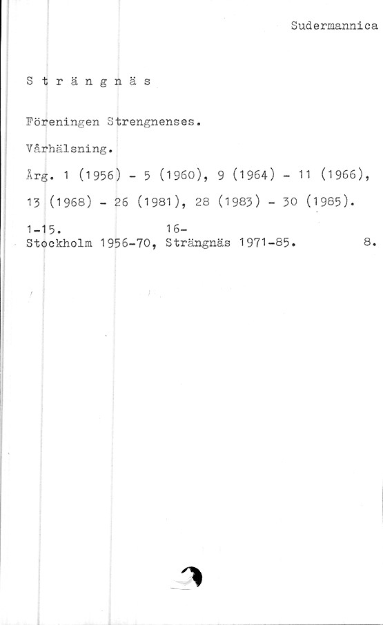 ﻿Sudermannica
S trängnäs
Föreningen Strengnenses.
Vårhälsning,
Arg. 1 (1956) - 5 (1960), 9 (1964) - 1
13 (1968) - 26 (1981), 28 (1983) - 30
1-15.	16-
Stockholm 1956-70, Strängnäs 1971-85.
1 (1966),
(1985).
8