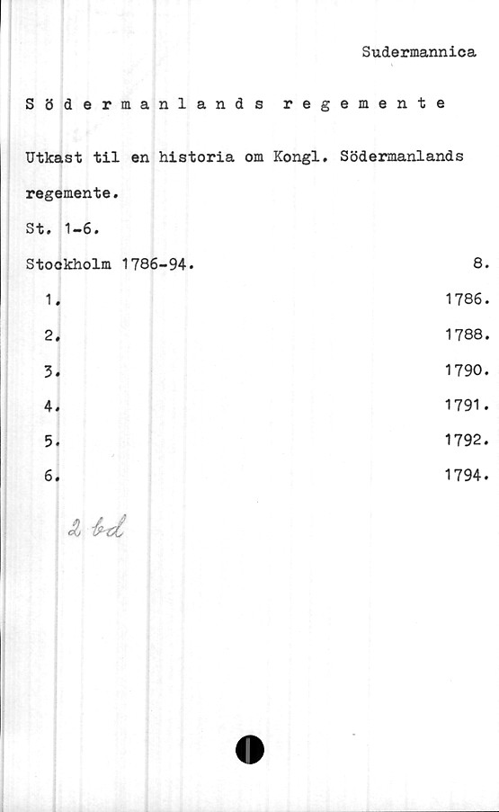  ﻿Sudermannica
Södermanlands regemente
Utkast til en historia om Kongl. regemente. St. 1-6.	Södermanlands
Stockholm 1786-94.	8
1.	1786
2.	1788
3.	1790
4.	1791
5.	1792
6.	1794
Z k
