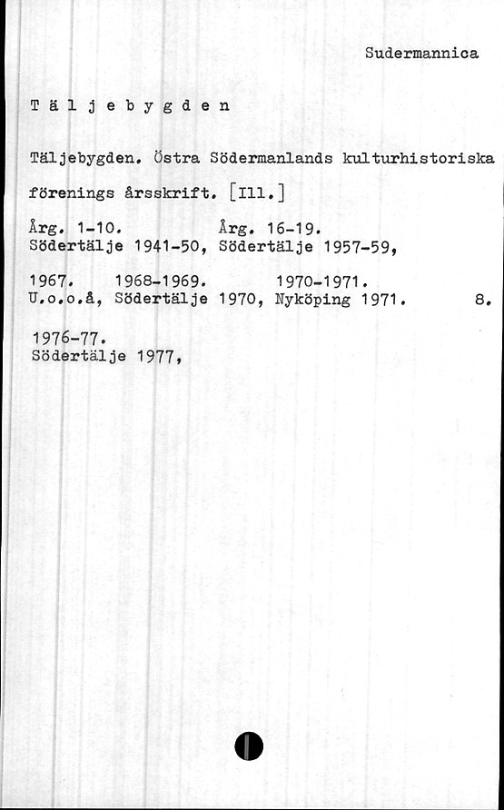  ﻿Sudermannica
T ä 1 3 ebygden
Täljebygden. östra Södermanlands kulturhistoriska
förenings årsskrift, [ill.]
Årg, 1-10.	Årg. 16-19.
Södertälje 1941-50, Södertälje 1957-59,
1967.	1968-1969.	1970-1971.
U.o.o.å, Södertälje 1970, Nyköping 1971.	8.
1976-77.
Södertälje 1977*