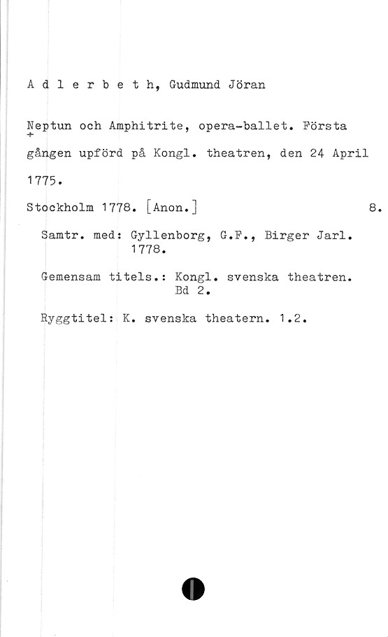  ﻿Adlerbeth, Gudmund Jöran
Neptun och Amphitrite, opera-ballet. Första
gången upförd på Kongl. theatren, den 24 April
1775.
Stockholm 1778. [Anon.]	8.
Samtr. med: Gyllenborg, G.F., Birger Jarl.
1778.
Gemensam titels.: Kongl. svenska theatren.
Bd 2.
Ryggtitel: K. svenska theatern. 1.2