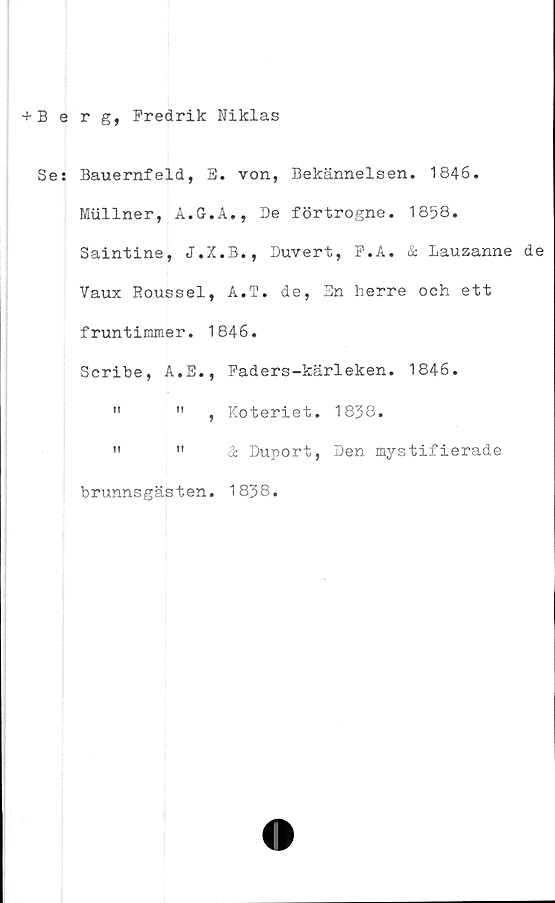  ﻿Berg, Fredrik Niklas
Se: Bauernfeld, E. von, Bekännelsen. 1846.
Mullner, A.G.A., Be förtrogne. 1858.
Saintine, J.Z.B., Buvert, F.A. & Lauzanne de
Vaux Roussel, A.T. de, En herre och ett
fruntimmer. 1846.
Scribe, A.E., Faders-kärleken. 1846.
"	" , Koteriet. 1838.
"	"	& Duport, Den mystifierade
brunnsgästen
1838