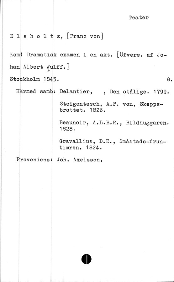  ﻿Teater
Elsholtz, [Franz von]
Kom! Dramatisk examen i en akt. [öfvers. af Jo-
han Albert Wulff.]
Stockholm 1845.	8.
Härmed samb: Delantier, , Den otålige. 1799.
Steigentesch, A.F. von, Skepps-
brottet. 1826.
Beaunoir, A.L.B.R., Bildhuggaren.
1828.
Gravallius, D.E., Småstads-frun-
timren. 1824.
Proveniens: Joh. Axelsson