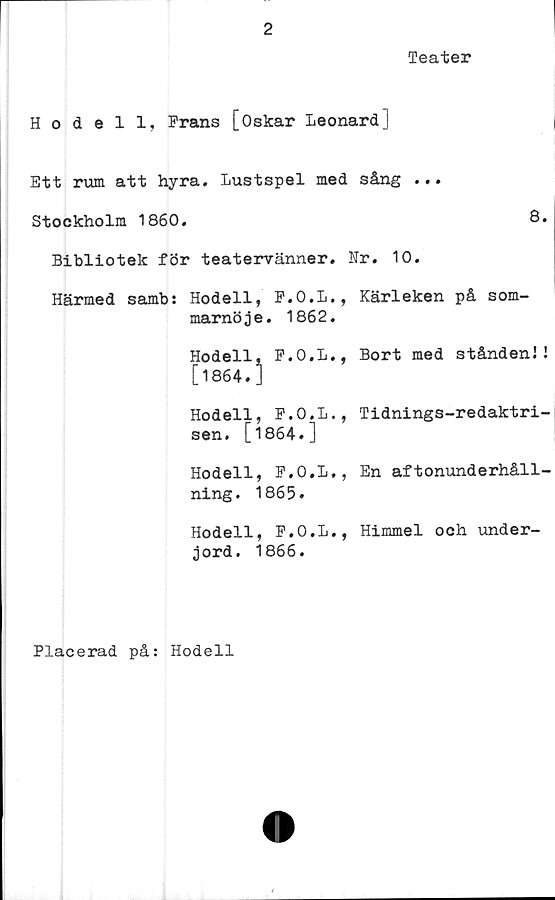  ﻿Teater
Hodell, Frans [Oskar Leonard]
Ett rum att hyra. Lustspel med sång ...
Stockholm 1860.	8.
Bibliotek för teatervänner. Nr. 10.
Härmed samb: Hodell, F.O.L., Kärleken på som-
marnöje. 1862.
Hodell, F.O.L., Bort med ståndenl!
[1864.]
Hodell, F.O.L., Tidnings-redaktri-
sen. [1864.]
Hodell, F.O.L., En aftonunderhåll-
ning. 1865.
Hodell, F.O.L., Himmel och under-
jord. 1866.
Placerad på: Hodell
