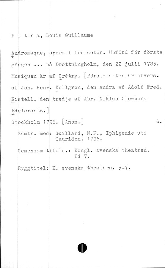  ﻿Pitra, Louis Guillaume
Andromaque, opera i tre acter. Upförd för första
gången ... på Drottningholm, den 22 julii 1785.
Musiquen är af Grétry. [Första akten är öfvers.
af Joh. Henr. Kellgren, den andra af Adolf Fred.
Risteil, den tredje af Abr. Fiklas Clewberg-
Edelcrantz.
+
Stockholm 1796. [Anon.j	8.
Samtr. med: Guillard, N.F., Iphigenie uti
Tauriden. 1796.
Gemensam titels.: Kongl. svenska theatren.
Bd 7.
Ryggtitel: K. svenska theatern. 5-7.