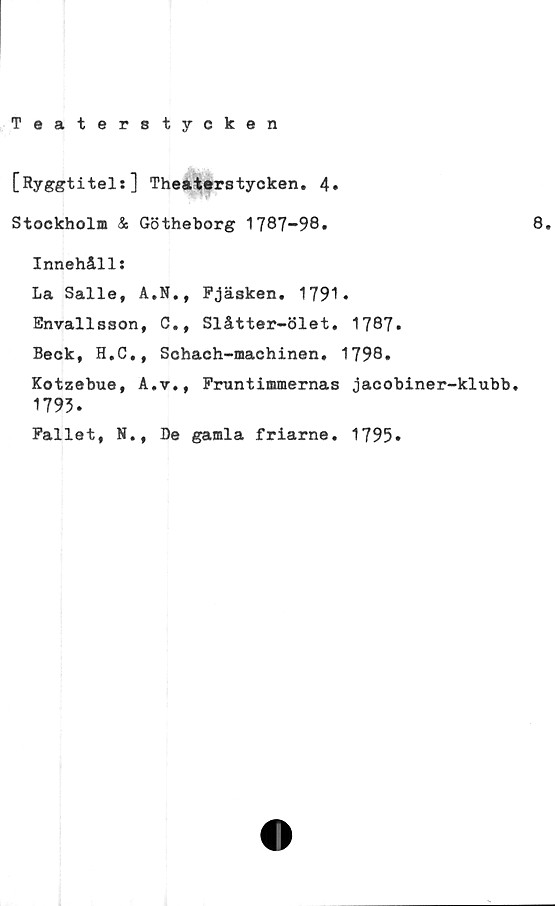  ﻿Teaterstycken
[Ryggtitel:] Theaterstycken. 4.
Stockholm & Götheborg 1787-98.
8.
Innehåll:
La Salle, A.N., Fjäsken. 1791.
Envallsson, C., Slåtter-ölet. 1787.
Beck, H.C., Schach-machinen. 1798.
Kotzebue, A.y., Fruntimmernas jacobiner-klubb.
1793.
Fallet, N., De gamla friarne. 1795»