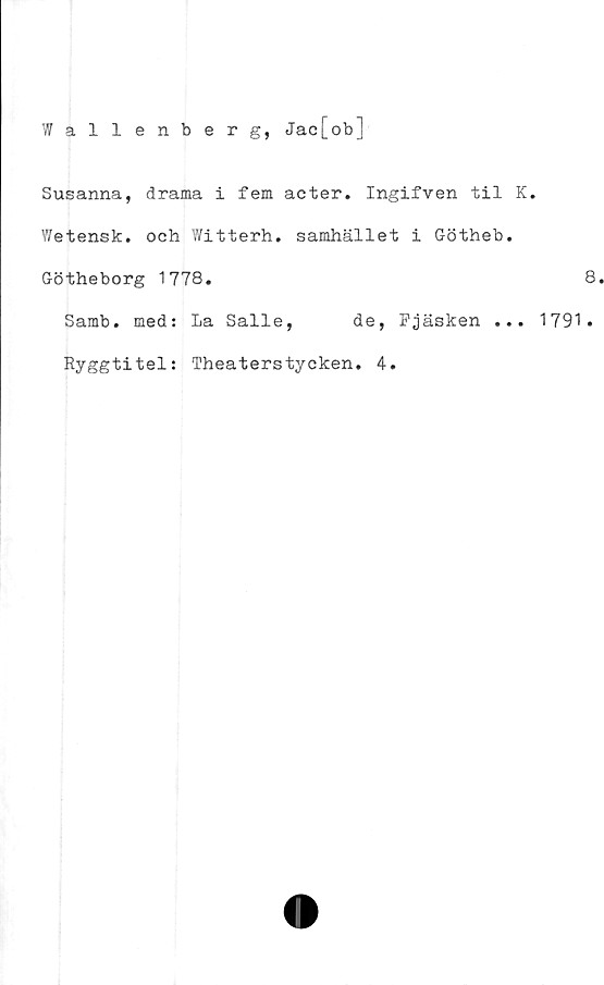  ﻿Wallenberg, Jac[ob]
Susanna, drama i fem aeter. Ingifven til I
Wetensk. och Witterh. samhället i Götheb.
Götheborg 1778.
Samb. med: La Salle,	de, Fjäsken ...
Ryggtitel: Theaterstyeken. 4.
8
1791 .