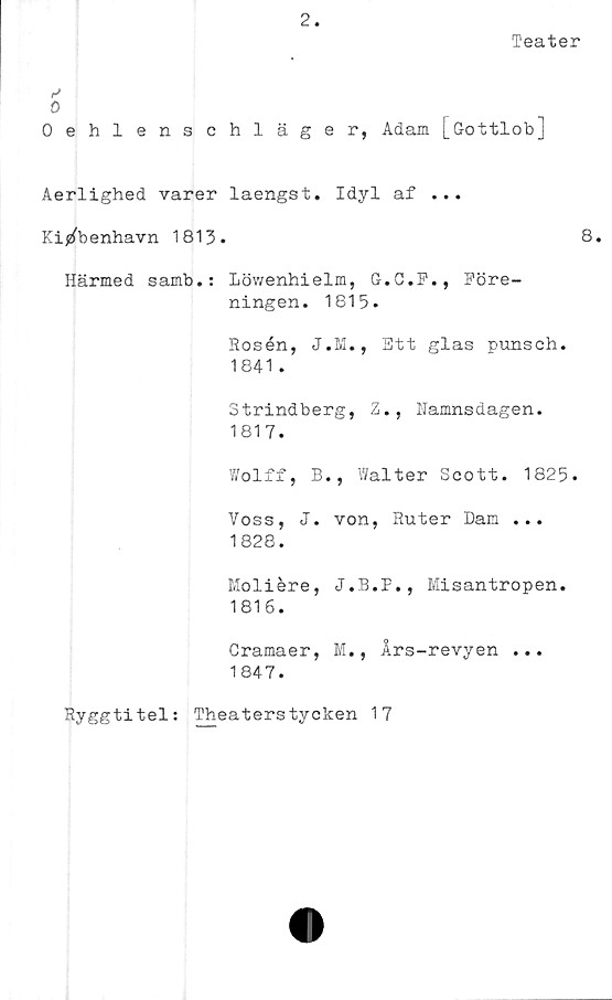  ﻿2.
Teater
r>
0
Oehlenschläger, Adam [Gottlob]
Aerlighed varer laengst. Idyl af ...
Ki^benhavn 1813.	8.
Härmed samb.: Löwenhielm, G.C.F., Före-
ningen. 1815.
Rosén, J.M., Ett glas punsch.
1841 .
Strindberg, Z., Namnsdagen.
1817.
Wolff, B., Walter Scott. 1825.
Voss, J. von, Ruter Dam ...
1828.
Moliére,	Misantropen.
1816.
Cramaer, M., Års-revyen ...
1847.
Ryggtitel: Theaterstycken 17