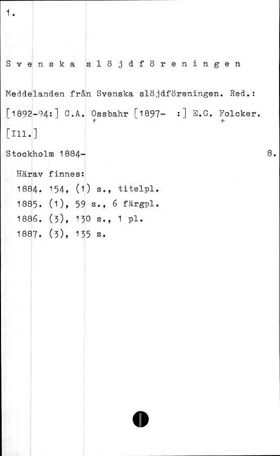  ﻿1
Svenska slöjdföreningen
Meddelanden från Svenska slöjdföreningen. Red.:
T1892-94:] C.A. Osshahr T1897-	*] E.G. Folcker.
t	+
[ill.]
Stockholm 1884-
Härav	finnes:	
1884.	154,	(i) s., titelpl.
1885.	(1),	59 s., 6 färgpl.
1886.	(3),	130 s., 1 pl.
00 00 •	(3),	135 s.