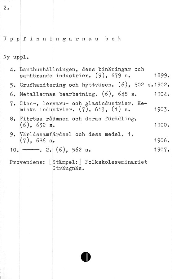  ﻿2
Uppfinningarnas bok
Ny uppl.
4.	Lanthushållningen, dess binäringar och
samhörande industrier. (9)* 679 s.	1899.
5.	Grufhandtering och hyttväsen.	(6),	502	s.1902.
6.	Metallernas bearbetning. (6),	648 s.	1904.
7.	Sten-, lervaru- och glasindustrier. Ke-
miska industrier. (7)* 613, (1) s.	1903.
8.	Fibrösa råämnen och deras förädling.
(6)	, 632 s.	1900.
9.	Världssamfärdsel och dess medel. 1.
(7)	, 686 s.	1906.
10.	-----. 2. (6), 562 s.	1907.
Proveniens: [stämpel:] Polkskoleseminariet
Strängnäs.