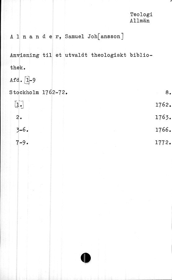  ﻿Teologi
Allmän
Alnande r, Samuel Joh[ansson]
Anvisning til et utvaldt theologiskt biblio-
thek,
Afd. Q-9
Stockholm 1762-72.	8
é	1762
2.	1763
3-6.	1766
7-9.	1772