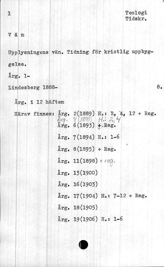  ﻿I
Teologi
Tldskr.
V ä n
Upplysningens vän. Tidning för kristlig uppbyg-
gelse.
År g. 1-
Eindesberg 1888-	8.
Arg, i 12 häften
Härav finnes: Årg.
fira.
Årg.
År g.
Årg.
Årg.
Årg.
Årg.
Årg.
Årg.
Årg.
2(1889) K.: Ä, 12 + Reg.
wm
6(1893) f.fieg.
7(1894) H.: 1-6
8(1895) + Reg.
11(1898) + r >>.
13(1900)
16(1903)
17(1904) H.: 7-12 + Reg.
18(1905)
19(1906) H.: 1-6