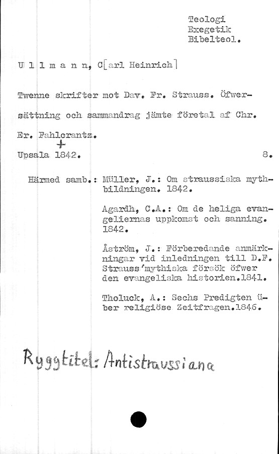  ﻿Ullmann, G[arl Heinrich 1
Teologi
Exegetik
Bibelteol
Twenne skrifter mot Dav. Pr. Strauss. Öfwer-
sättning och sammandjcag .jämte företal af Chr.
Er. Fahlcrantz.
4"
Upsala 1842.	8*
Härmed samb. : Muller, J.: Om straussiska myth-
bildningen. 1842.
Agardh, C.A.: Om de heliga evan-
geliernas uppkomst och sanning.
1842.
Åström, J•: Förberedande anmärk-
ningar vid inledningen till D.F.
Strauss'mythiska försök öfwer
den evangeliska historien.1841.
Tholuek, A.: Sechs Predigten u-
ber religiöse Zeitfragen.1846.
OJlC*