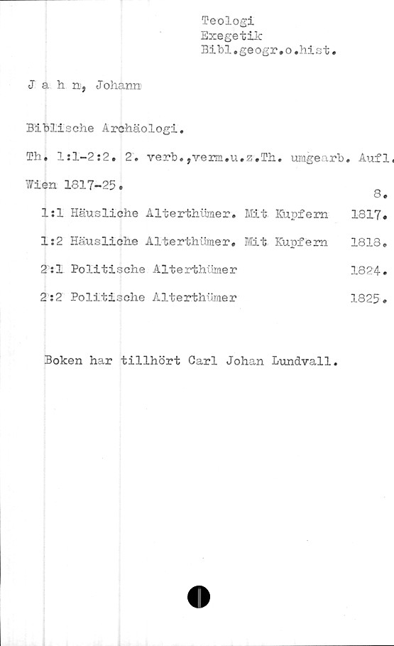  ﻿Teologi
Exegetilc
Bibl.geogr.o.hist
Jahed fJohann
Biblische Archäologi.
Th. l:l-2:2. 2. verb.,verm.u.z.Th. umgearb. Aufl.
Wien 1817-25.
O •
1:1 Häusliche Alterthiimer.	Mit	Kupfem	1817.
1:2 Häusliche Alterthiimer.	Mit	Kupfem	1818.
2:1 Politische Alterthiimer	1824.
2:2 Politische Alterthiimer	1825.
Boken har tillhört Carl Johan Lundvall