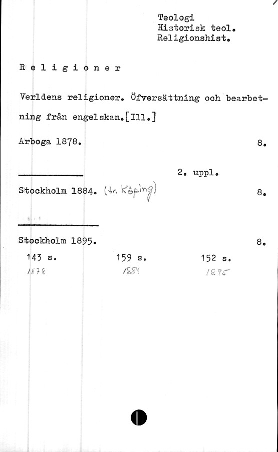  ﻿/
Teologi
Historisk teol.
Religionshist.
Religioner
Verldens religioner. Öfversättning och bearbet-
ning från engelskan.[111.]
Arboga 1878.	8.
__________ 2. uppl.
Stockholm 1884. (ir. Ko8.
Stockholm 1895.
8.
143 s.
/m
159 a.
/S&i
152 s.
/err