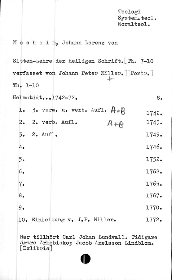  ﻿Teologi
System.teol.
Moralteol.
Mosheim, Johann Lorenz von
Sitten-Lehre der Heiligen Schrift.[Th. 7-10
verfasset von Johann Peter Miller.][Portr.]
Th. 1-10	
Helmstädt...1742-72.	8
1. 3. verm. u. verb. Aufl.	1742
2. 2. verb. Aufl. ^ ^	1743
3. 2. Aufl.	1749^
4.	1746,
5.	1752,
6.	1762,
7.	1765,
8.	1767,
9.	1770,
10. Einleitung v. J.P. Miller.	1772,
Har tillhört Carl Johan Lundvall.	Tidigare
ägare Ärkebiskop Jacob Axelsson Lindblom.
[Exlibris]
