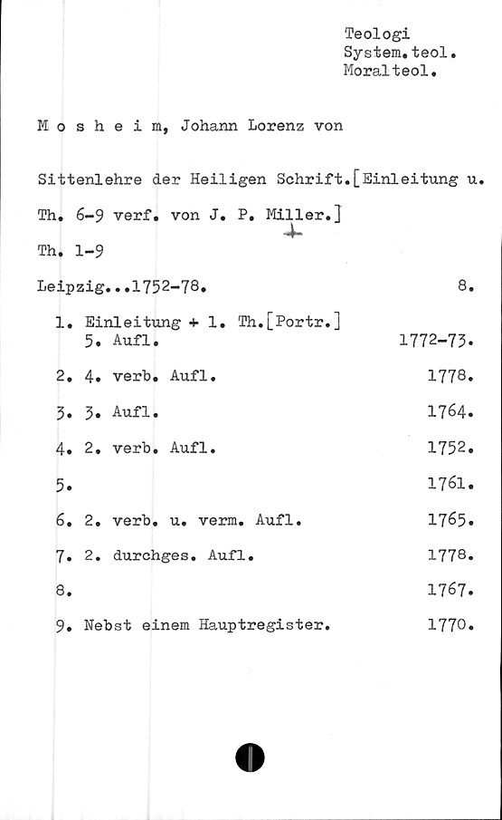  ﻿Teologi
System.teol
Moralteol.
Mosheim, Johann Lorenz von	
Sittenlehre der Heiligen Schrift.[Einleitung	
Th. 6-9 verf. von J. P. Miller.} -4- Th. 1-9	
Leipzig...1752-78.	8
1. Einleitung +1. Th.[Portr.] 5. Aufl.	1772-73
2. 4. verb. Aufl.	1778
3. 3. Aufl.	1764
4. 2. verb. Aufl.	1752
5.	1761
6. 2. verb. u. verm. Aufl.	1765
7. 2. durchges. Aufl.	1778
8.	1767
9. Nebst einem Hauptregister.	1770
O	