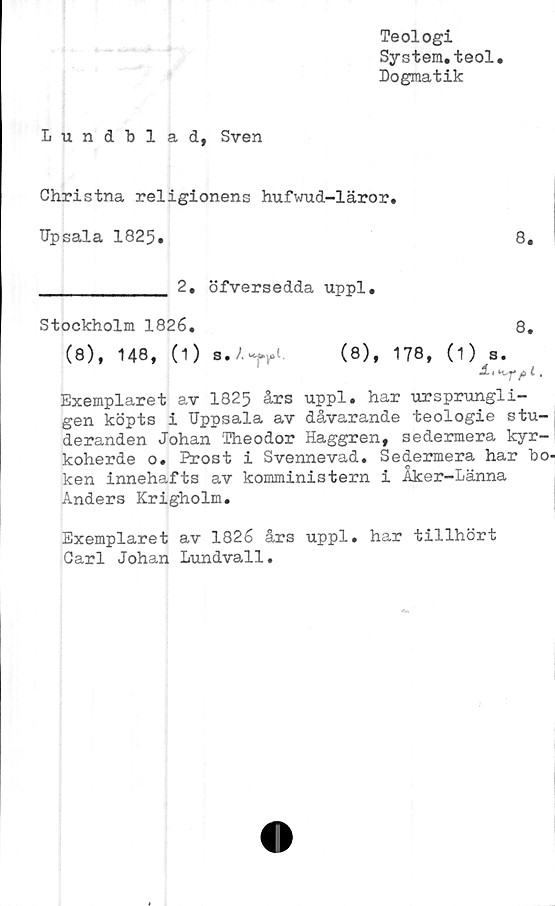  ﻿Teologi
System.teol
Dogmatik
Lundblad, Sven
Christna religionens hufwud-läror.
Upsala 1825»	8.
_____________ 2. öfversedda uppl.
Stockholm 1826.	q#
(8), 148, (1)	(8), 178, (1) s.
t ,
Exemplaret av 1825 års uppl. har ursprungli-
gen köpts i Uppsala av dåvarande teologie stu-
deranden Johan Theodor Haggren, sedermera kyr-
koherde o. Erost i Svennevad. Sedermera har bo
ken innehafts av komministern i Åker-Länna
Anders Krigholm.
Exemplaret av 1826 års uppl. har tillhört
Carl Johan Lundvall.