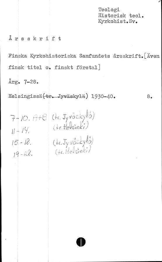  ﻿Teologi
Historisk teol.
Kyrkohist.Sv.
Irsskrift
Finska Kyrkohistoriska Samfundets årsskrift.[Även
finsk titel o. finskt företal]
Årg. 7-28.
Helsingissä(4r_-Jyväskylä) 1930-40.	8.
1-JO. ti-b 6 CkJySO tkjfå)
Il_ yy	(Ir.tieQstnb)
/5-Ä
;9-ä9.	(Ir. itetänt''