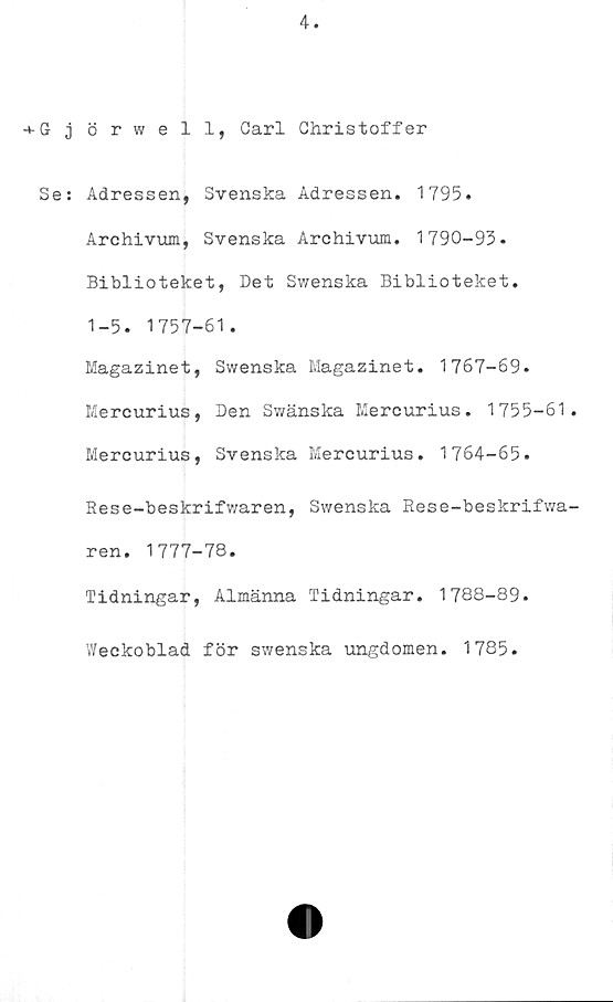  ﻿4
+Gjörwell, Carl Christoffer
Se: Adressen, Svenska Adressen. 1795.
Archivum, Svenska Archivum. 1790-93.
Biblioteket, Det Swenska Biblioteket.
1-5. 1757-61.
Magazinet, Swenska Magazinet. 1767-69.
Mercurius, Den Swänska Mercurius. 1755-61
Mercurius, Svenska Mercurius. 1764-65.
Rese-beskrifwaren, Swenska Rese-beskrifwa
ren. 1777-78.
Tidningar, Almänna Tidningar. 1788-89.
»Veckoblad för swenska ungdomen. 1785.